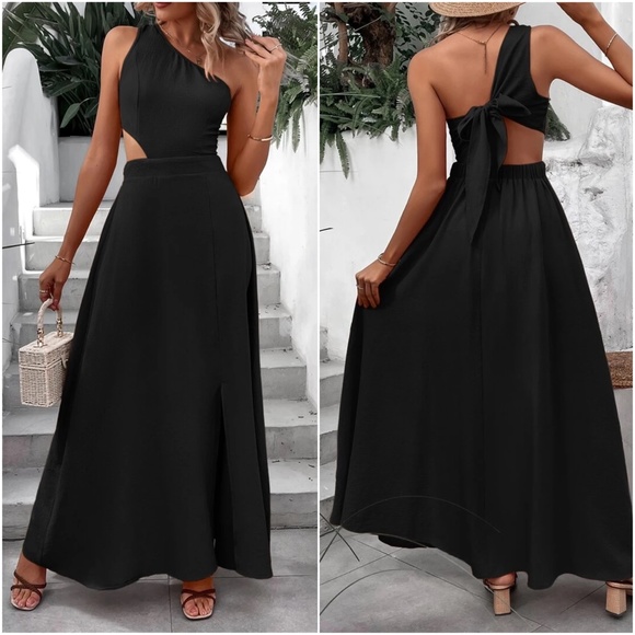 One shoulder Open Back cut out Slit Maxi Dress - Picture 3 of 7
